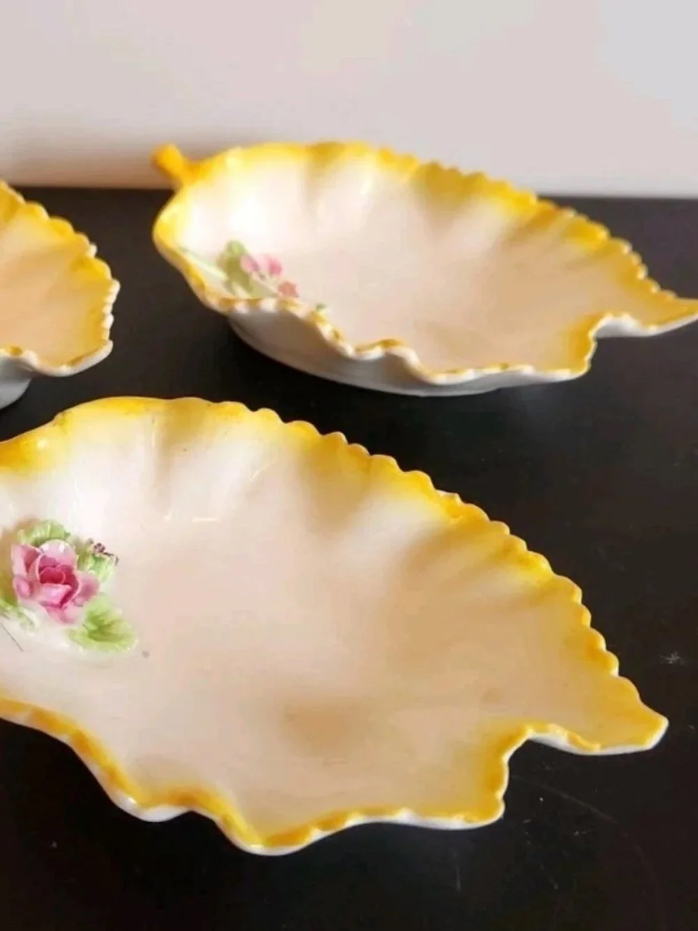 Antique Flowers on Leaf England Vintage Denton Bone China Butter Pats Pin Dishes
